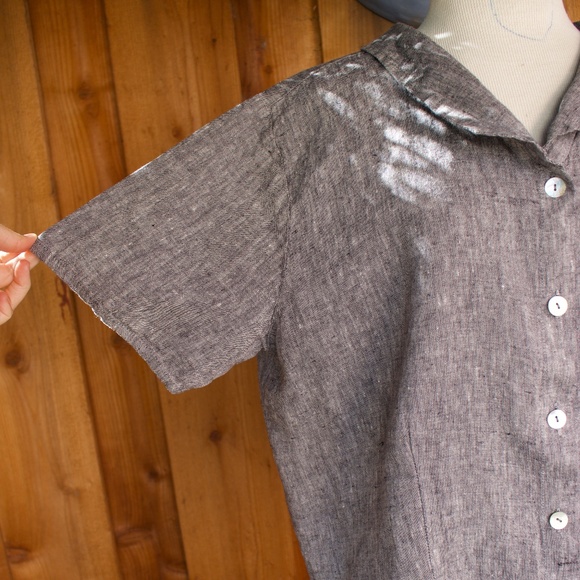 Flax 100% Linen Charcoal Grey Short Sleeve Button Down Blouse - Picture 6 of 14